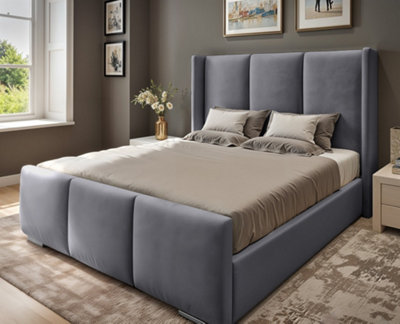UKBEDFURNITURE Miami Wingback Grey Plush Valvet Upholstered Gas Lift Ottoman Storage Bed With 48 Inch Headboard from B&Q