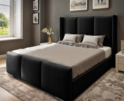 UKBEDFURNITURE Miami Wingback Black Plush Valvet Upholstered Gas Lift Ottoman Storage Bed With 48 Inch Headboard from B&Q