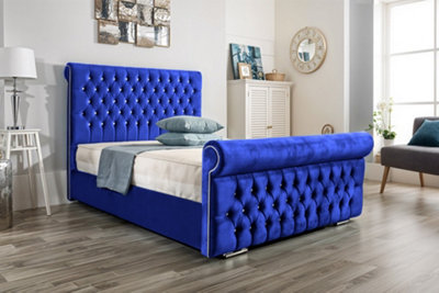 UKBEDFURNITURE Faye Blue Plush Valvet Upholstered Bed Frame OnlySlatted Base48 Inch Headboard from B&Q