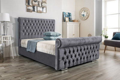 UKBEDFURNITURE Faye Grey Plush Valvet Upholstered Bed FrameSlatted Base With 10 Inch Orthopedic Mattress48 Inch Headboard from B&Q