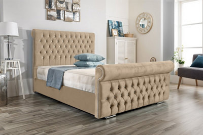 UKBEDFURNITURE Faye Beige Plush Valvet Upholstered Bed FrameSlatted Base With 10 Inch Orthopedic Mattress48 Inch Headboard from B&Q