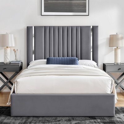 UKBEDFURNITURE Valencia Grey Plush Valvet Upholstered Bed Frame OnlySlatted Base48 Inch Headboard from B&Q