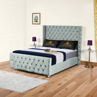UKBEDFURNITURE Windsor Wingback Grey Plush Valvet Upholstered Bed FrameSlatted Base With 10 Inch Orthopedic Mattress48 Inch Headboard from B&Q