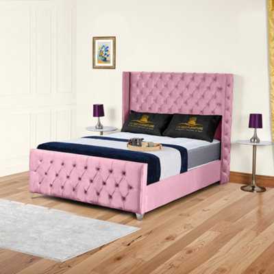 UKBEDFURNITURE Windsor Wingback Pink Plush Valvet Upholstered Bed FrameSlatted Base With 10 Inch Orthopedic Mattress48 Inch Headboard from B&Q