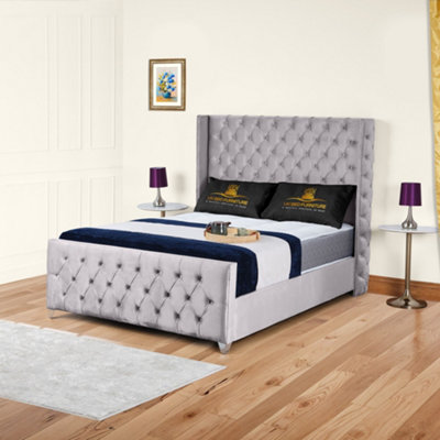 UKBEDFURNITURE Windsor Wingback Silver Plush Valvet Upholstered Gas Lift Ottoman Storage Bed With 48 Inch Headboard from B&Q