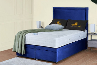 UKBEDFURNITURE Hanna Plush Blue End Opening Divan Ottoman Bed With 54 Inch Headboard & 10 Inch Orthopaedic Mattress from B&Q