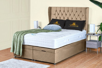 UKBEDFURNITURE Bronte Plush Beige End Opening Divan Ottoman Bed With 54 Inch Headboard & 10 Inch Orthopaedic Mattress from B&Q