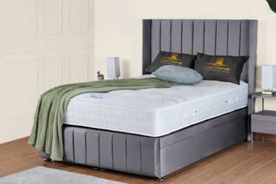 UKBEDFURNITURE Kamara Wingback Plush Grey End Opening Divan Ottoman Bed With 54 Inch Headboard & 10 Inch Orthopaedic Mattress from B&Q