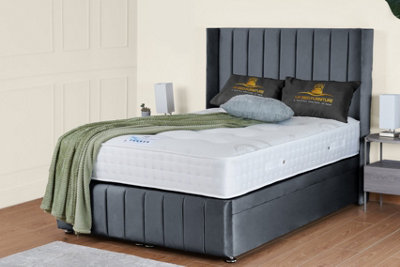 UKBEDFURNITURE Kamara Wingback Plush Steel End Opening Divan Ottoman Bed With 54 Inch Headboard & 10 Inch Orthopaedic Mattress from B&Q