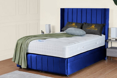 UKBEDFURNITURE Kamara Wingback Plush Blue End Opening Divan Ottoman Bed With 54 Inch Headboard & 10 Inch Orthopaedic Mattress from B&Q