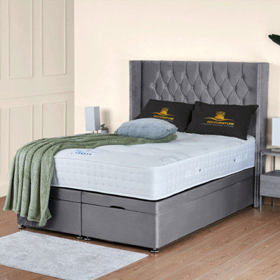 UKBEDFURNITURE Francesca Plush Grey End Opening Divan Ottoman Bed With 54 Inch Headboard & 10 Inch Orthopaedic Mattress from B&Q