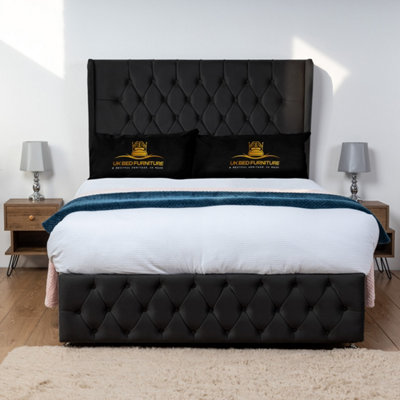 UKBEDFURNITURE Luxor Black Plush Wingback Divan Bed Base With 54 Inch HeadboardNo Storage from B&Q