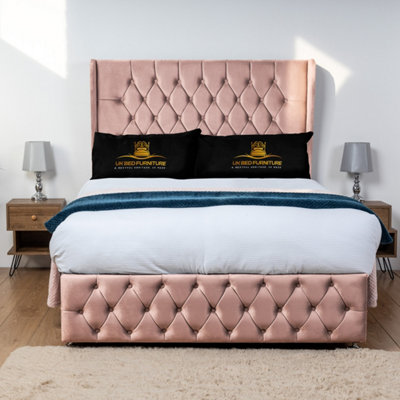 UKBEDFURNITURE Luxor Pink Plush Wingback Divan Bed Base With 54 Inch HeadboardNo Storage from B&Q
