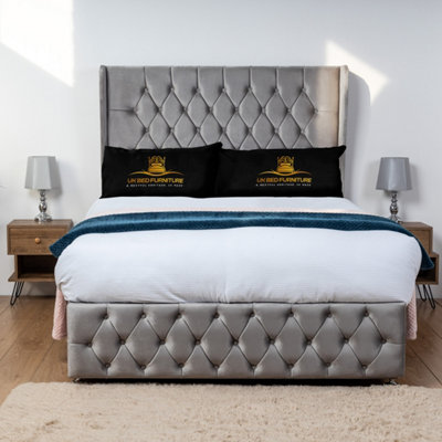 UKBEDFURNITURE Luxor Grey Plush Wingback Divan Bed Base With 54 Inch Headboard & 10 Inch Orthopaedic MattressNo Storage from B&Q
