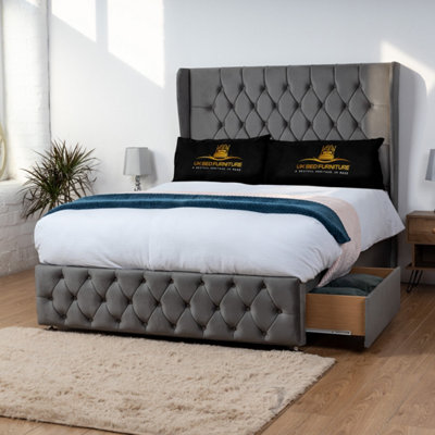 UKBEDFURNITURE Luxor Steel Plush Wingback Divan Bed With 2 Foot End Drawers & 54 Inch Headboard from B&Q