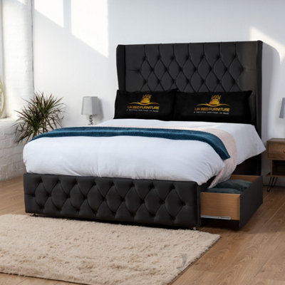 UKBEDFURNITURE Luxor Black Plush Wingback Divan Bed 2 Foot End Drawers With 10 Inch Orthopaedic Mattress & 54 Inch Headboard from B&Q
