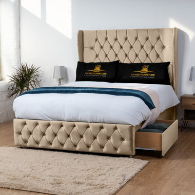 UKBEDFURNITURE Luxor Beige Plush Wingback Divan Bed 2 Foot End Drawers With 10 Inch Orthopaedic Mattress & 54 Inch Headboard from B&Q