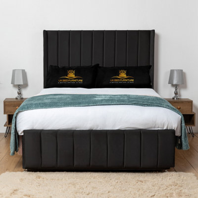 UKBEDFURNITURE Arizona Black Plush Wingback Divan Bed Base With 54 Inch HeadboardNo Storage from B&Q