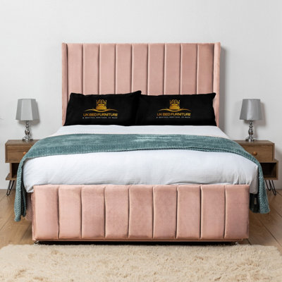 UKBEDFURNITURE Arizona Pink Plush Wingback Divan Bed Base With 54 Inch Headboard & 10 Inch Orthopaedic MattressNo Storage from B&Q