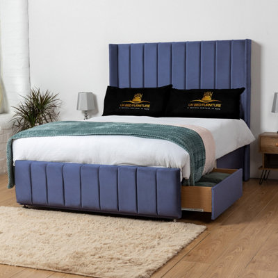 UKBEDFURNITURE Arizona Blue Plush Wingback Divan Bed With 2 Foot End Drawers & 54 Inch Headboard from B&Q