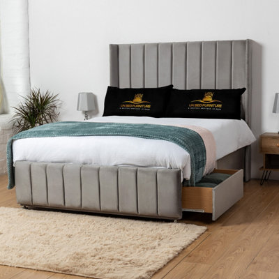 UKBEDFURNITURE Arizona Grey Plush Wingback Divan Bed 2 Foot End Drawers With 10 Inch Orthopaedic Mattress & 54 Inch Headboard from B&Q