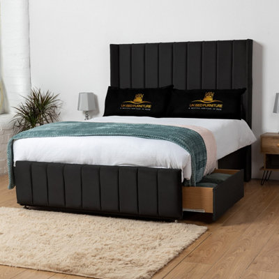 UKBEDFURNITURE Arizona Black Plush Wingback Divan Bed 2 Foot End Drawers With 10 Inch Orthopaedic Mattress & 54 Inch Headboard from B&Q