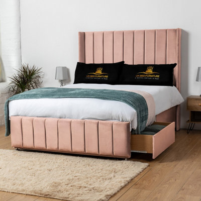UKBEDFURNITURE Arizona Pink Plush Wingback Divan Bed 2 Foot End Drawers With 10 Inch Orthopaedic Mattress & 54 Inch Headboard from B&Q