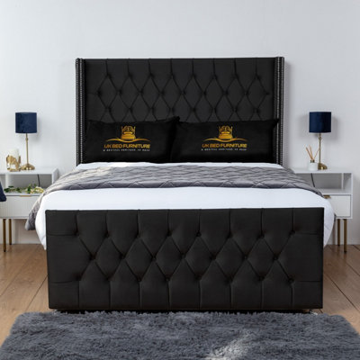 UKBEDFURNITURE Emily Black Plush Wingback Divan Bed Base With 54 Inch Headboard & 10 Inch Orthopaedic MattressNo Storage from B&Q