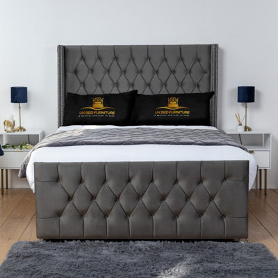 UKBEDFURNITURE Emily Steel Plush Wingback Divan Bed Base With 54 Inch Headboard & 10 Inch Orthopaedic MattressNo Storage from B&Q