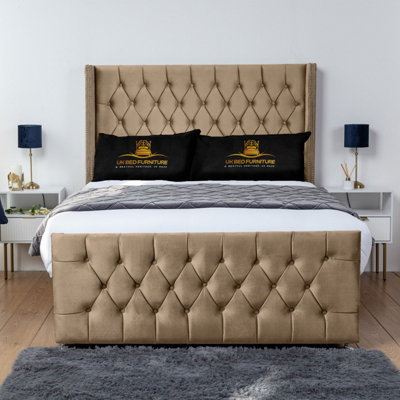 UKBEDFURNITURE Emily Beige Plush Wingback Divan Bed Base With 54 Inch Headboard & 10 Inch Orthopaedic MattressNo Storage from B&Q