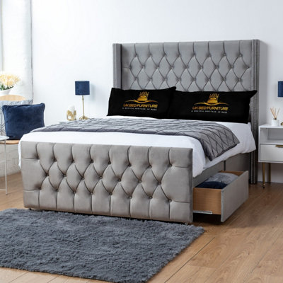 UKBEDFURNITURE Emily Grey Plush Wingback Divan Bed With 2 Foot End Drawers & 54 Inch Headboard from B&Q