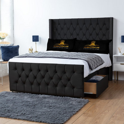 UKBEDFURNITURE Emily Black Plush Wingback Divan Bed With 2 Foot End Drawers & 54 Inch Headboard from B&Q