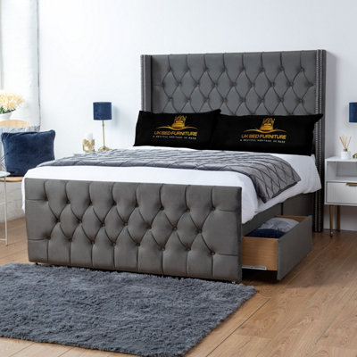 UKBEDFURNITURE Emily Steel Plush Wingback Divan Bed With 2 Foot End Drawers & 54 Inch Headboard from B&Q