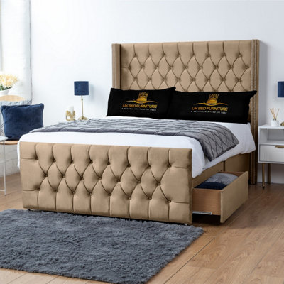 UKBEDFURNITURE Emily Beige Plush Wingback Divan Bed With 2 Foot End Drawers & 54 Inch Headboard from B&Q