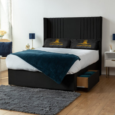 UKBEDFURNITURE Skyline Black Plush Wingback Divan Bed With 2 Foot End Drawers & 54 Inch Headboard from B&Q