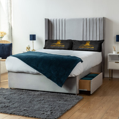 UKBEDFURNITURE Skyline Silver Plush Wingback Divan Bed With 2 Foot End Drawers & 54 Inch Headboard from B&Q
