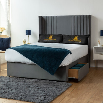 UKBEDFURNITURE Skyline Steel Plush Wingback Divan Bed With 2 Foot End Drawers & 54 Inch Headboard from B&Q