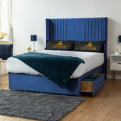 UKBEDFURNITURE Skyline Blue Plush Wingback Divan Bed With 2 Foot End Drawers & 54 Inch Headboard from B&Q
