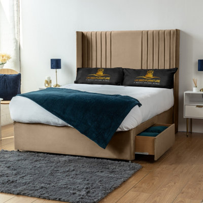 UKBEDFURNITURE Skyline Beige Plush Wingback Divan Bed With 2 Foot End Drawers & 54 Inch Headboard from B&Q