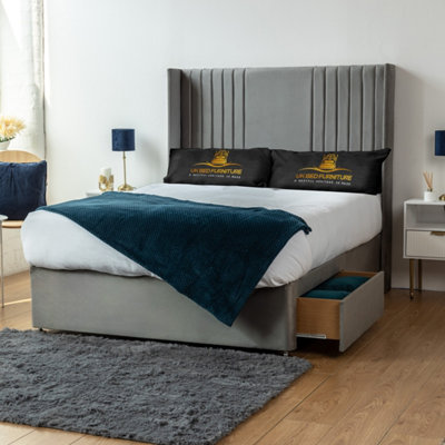 UKBEDFURNITURE Skyline Grey Plush Wingback Divan Bed 2 Foot End Drawers With 10 Inch Orthopaedic Mattress & 54 Inch Headboard from B&Q