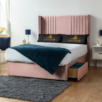 UKBEDFURNITURE Skyline Pink Plush Wingback Divan Bed 2 Foot End Drawers With 10 Inch Orthopaedic Mattress & 54 Inch Headboard from B&Q