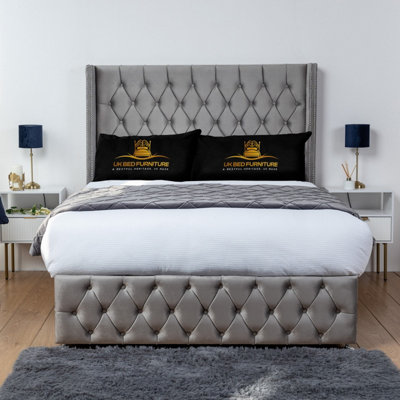 UKBEDFURNITURE Jasmine Grey Plush Wingback Divan Bed Base With 54 Inch Headboard & 10 Inch Orthopaedic MattressNo Storage from B&Q