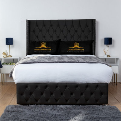UKBEDFURNITURE Jasmine Black Plush Wingback Divan Bed Base With 54 Inch Headboard & 10 Inch Orthopaedic MattressNo Storage from B&Q