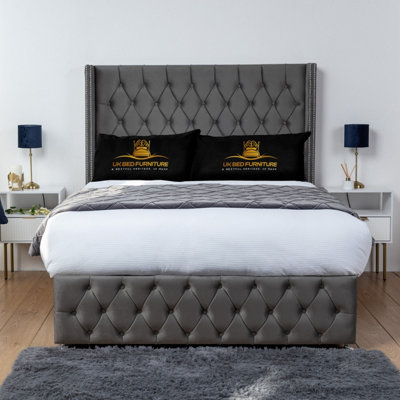 UKBEDFURNITURE Jasmine Steel Plush Wingback Divan Bed Base With 54 Inch Headboard & 10 Inch Orthopaedic MattressNo Storage from B&Q