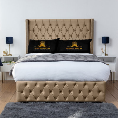 UKBEDFURNITURE Jasmine Beige Plush Wingback Divan Bed Base With 54 Inch Headboard & 10 Inch Orthopaedic MattressNo Storage from B&Q