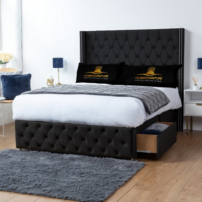 UKBEDFURNITURE Jasmine Black Plush Wingback Divan Bed With 2 Foot End Drawers & 54 Inch Headboard from B&Q