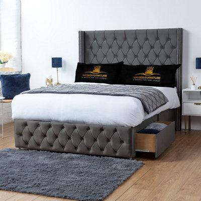 UKBEDFURNITURE Jasmine Steel Plush Wingback Divan Bed With 2 Foot End Drawers & 54 Inch Headboard from B&Q