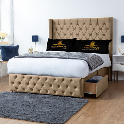 UKBEDFURNITURE Jasmine Beige Plush Wingback Divan Bed With 2 Foot End Drawers & 54 Inch Headboard from B&Q