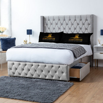 UKBEDFURNITURE Jasmine Silver Plush Wingback Divan Bed 2 Foot End Drawers With 10 Inch Orthopaedic Mattress & 54 Inch Headboard from B&Q