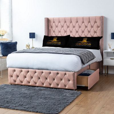 UKBEDFURNITURE Jasmine Pink Plush Wingback Divan Bed 2 Foot End Drawers With 10 Inch Orthopaedic Mattress & 54 Inch Headboard from B&Q
